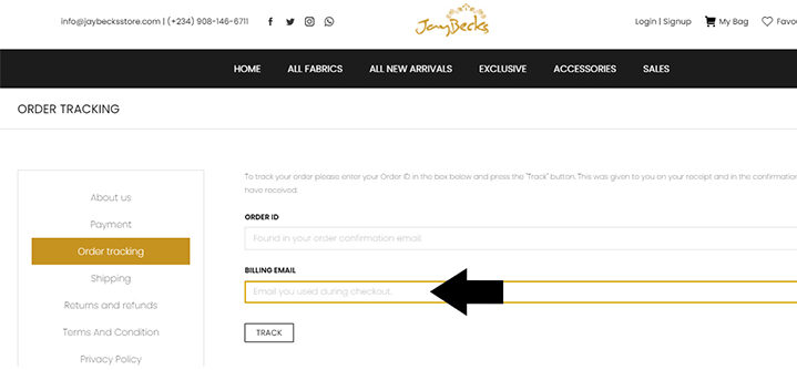 Jaybecks Store Tracking Page Order ID Field (Desktop View)