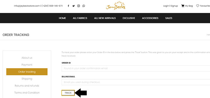 Jaybecks Store Tracking Page Track Button (Desktop View)