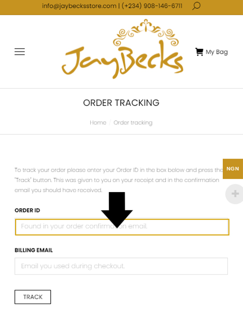 Jaybecks Store Tracking Page Order ID Field (Mobile View)