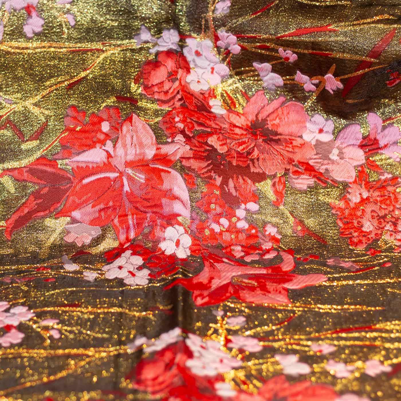 Magenta and Fuchsia Pink on Gold Floral Brocade Fabric