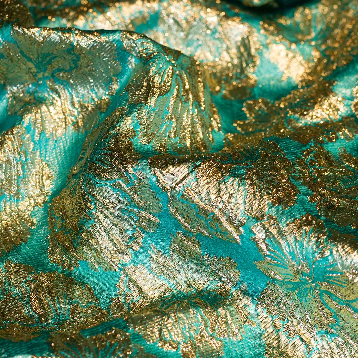 Sea Green and Gold Abstract Floral Brocade Fabric