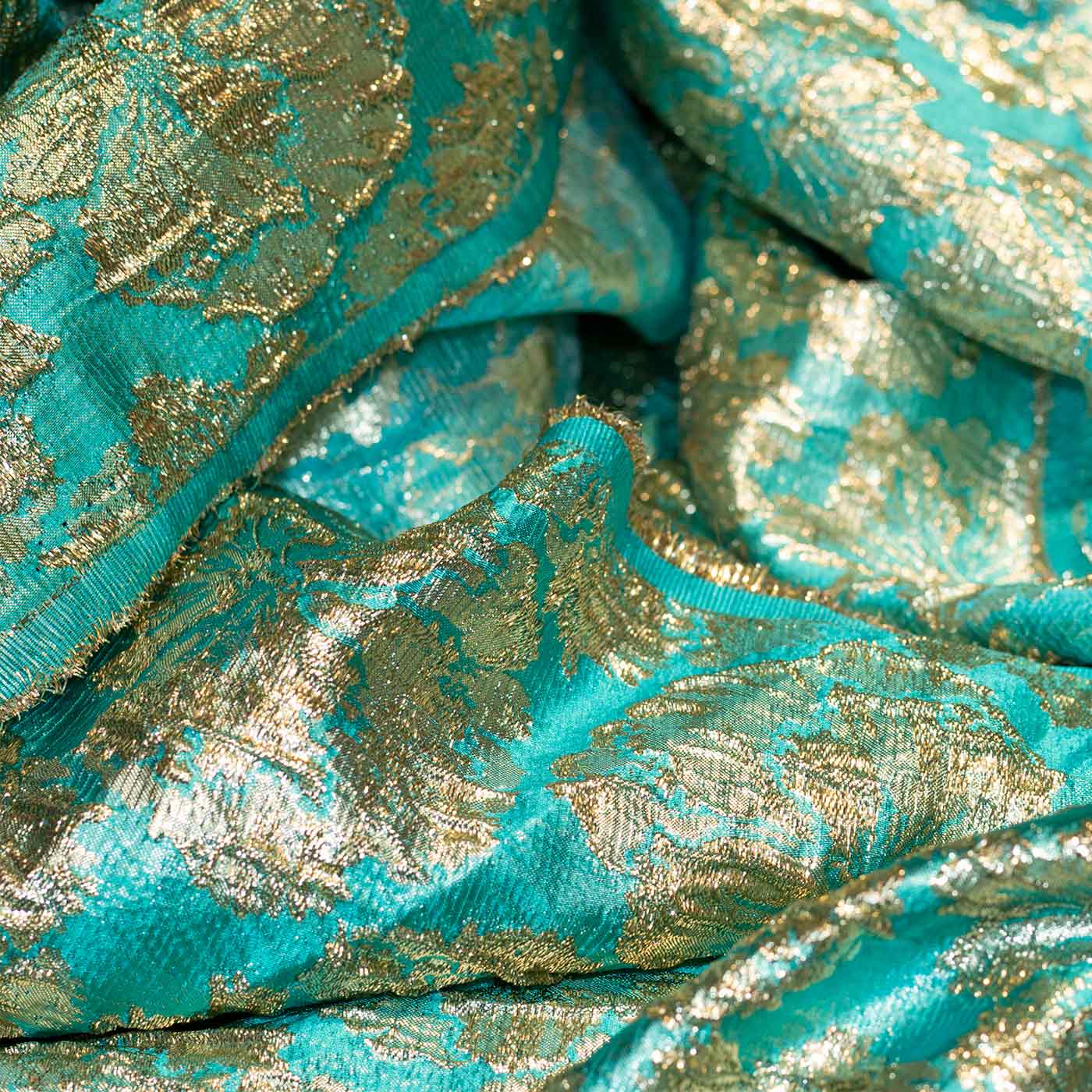 Sea Green and Gold Abstract Floral Brocade Fabric