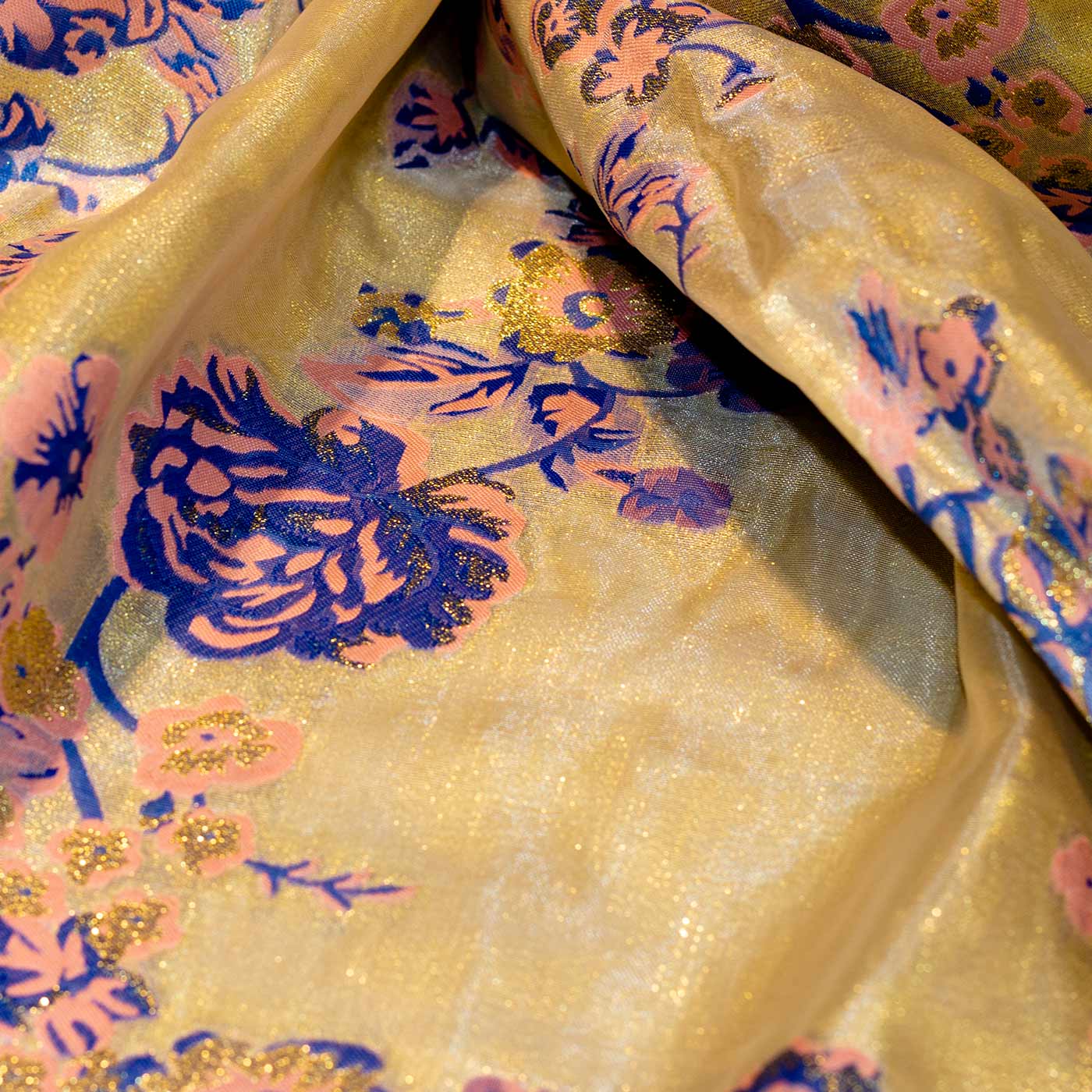 Blue and Peach on Gold Floral Brocade Fabric
