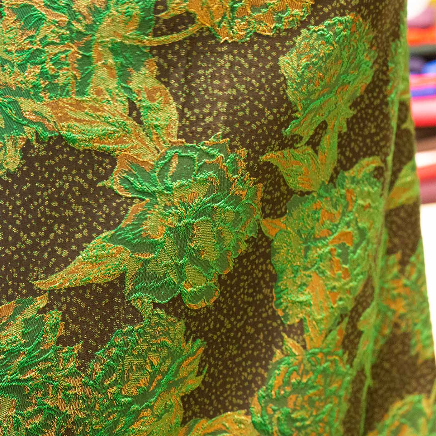 Gold and Green on Brown Floral Brocade Fabric