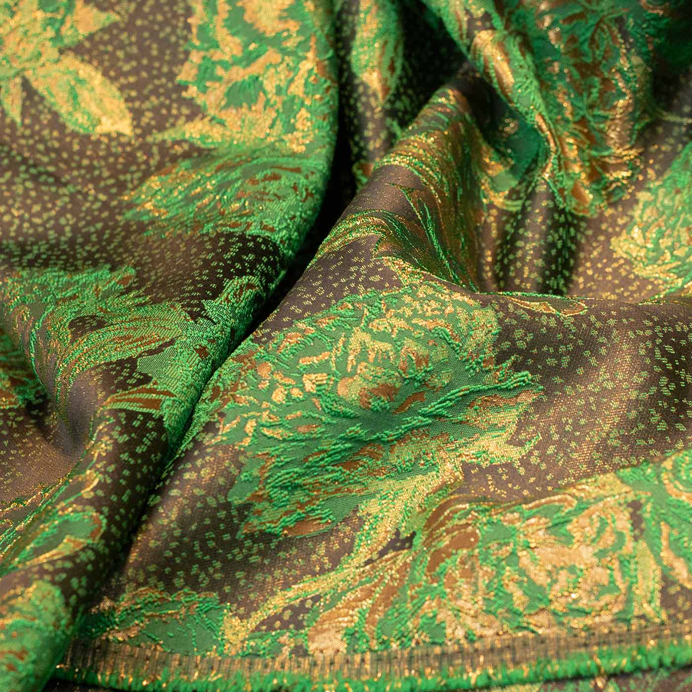 Gold and Green on Brown Floral Brocade Fabric