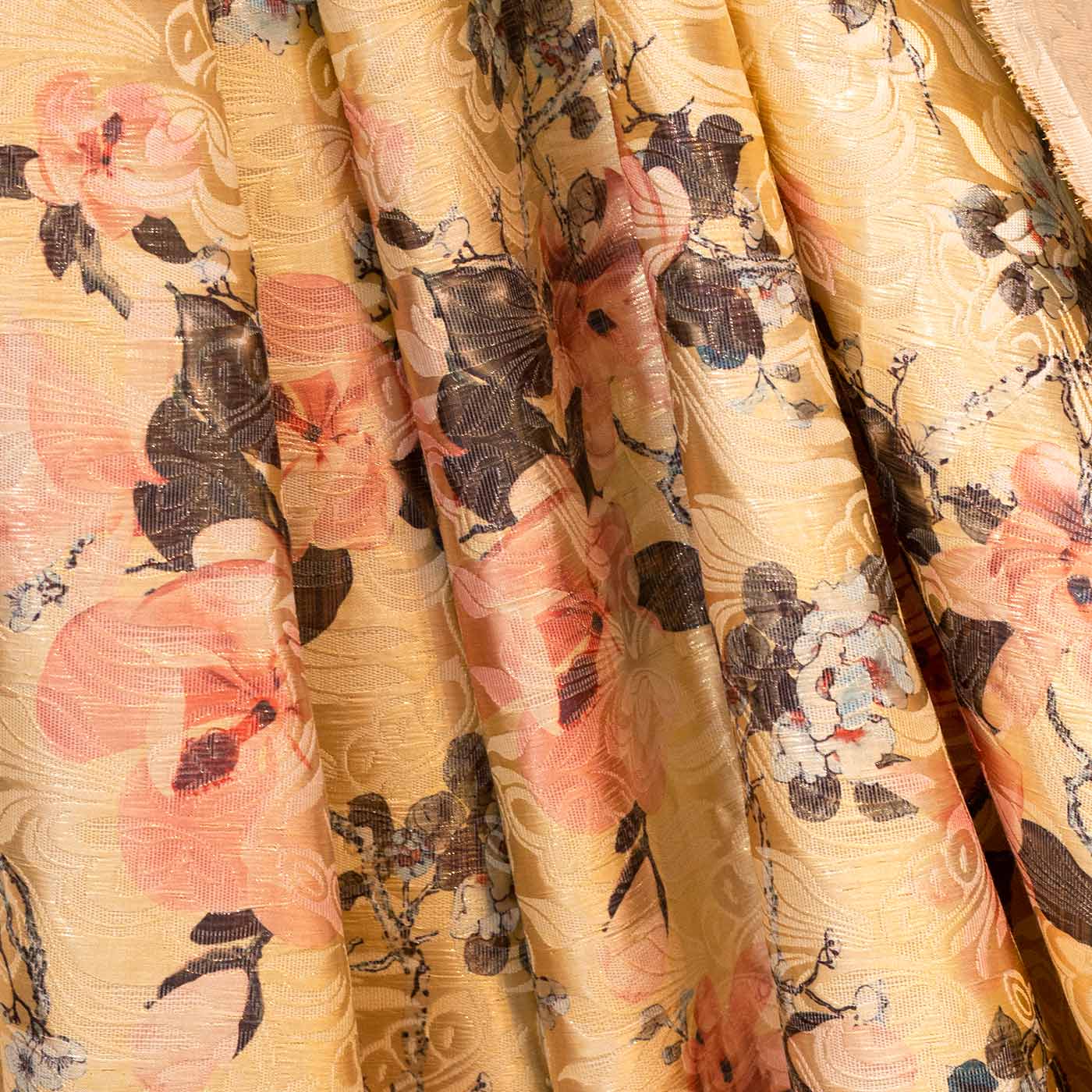 Peach and Grey Floral Brocade Fabric