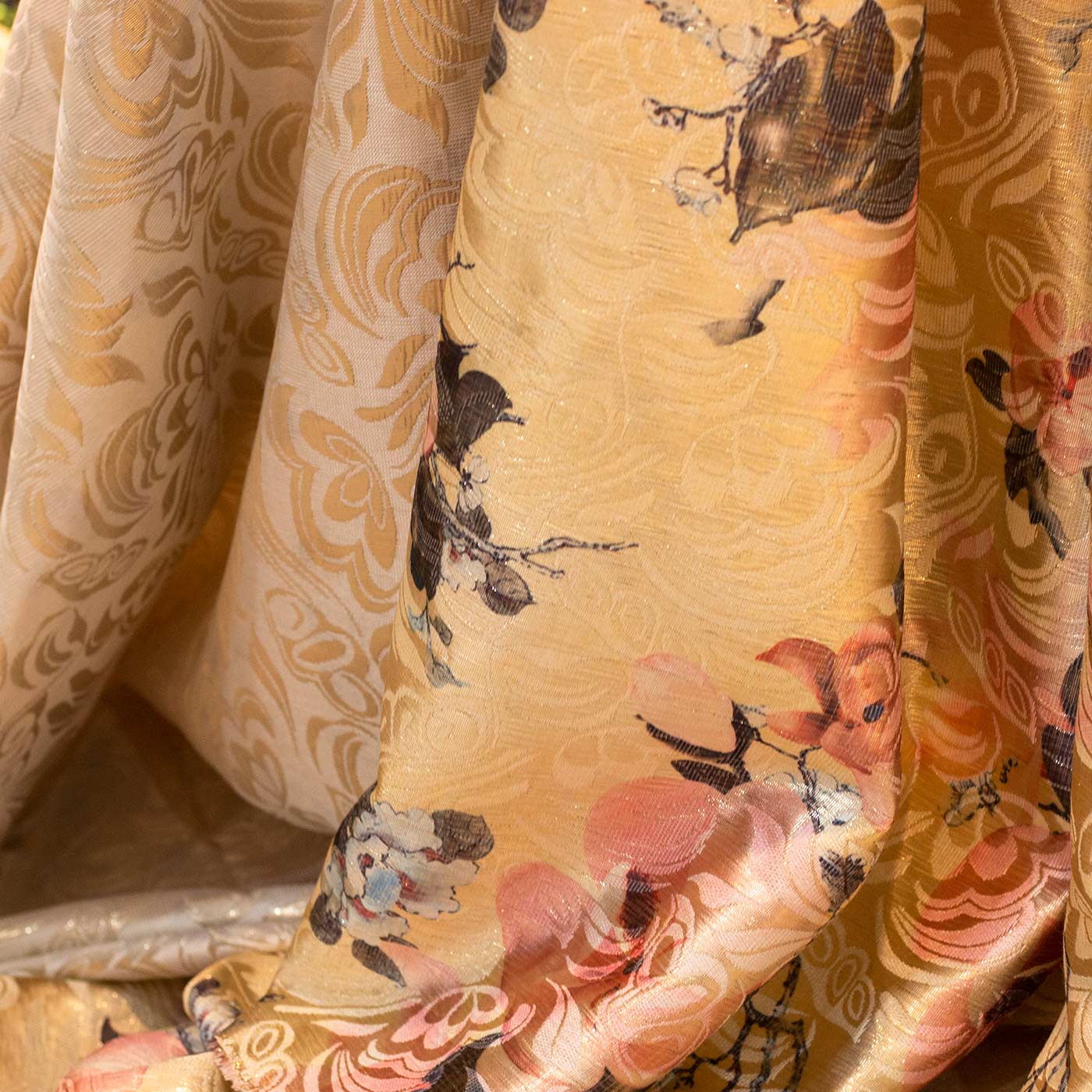 Peach and Grey Floral Brocade Fabric