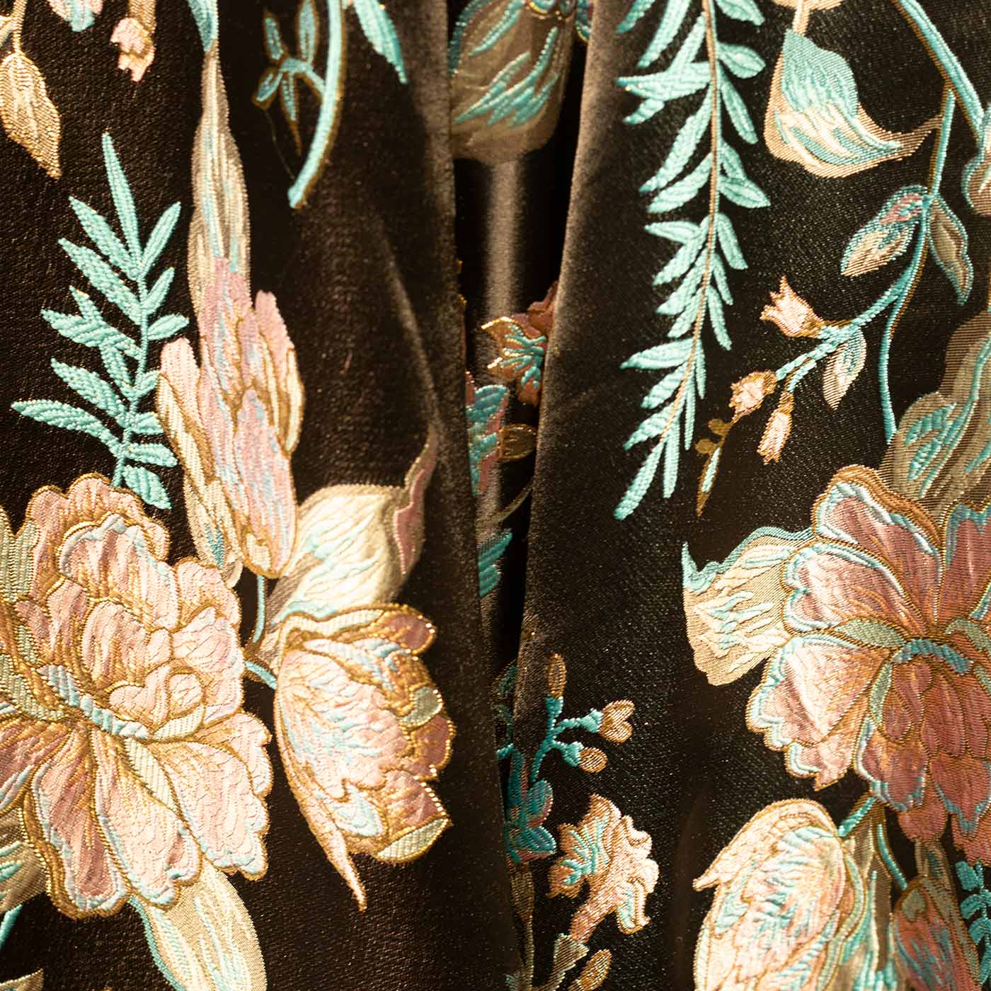 Pink and Blue on Black Floral Brocade Fabric