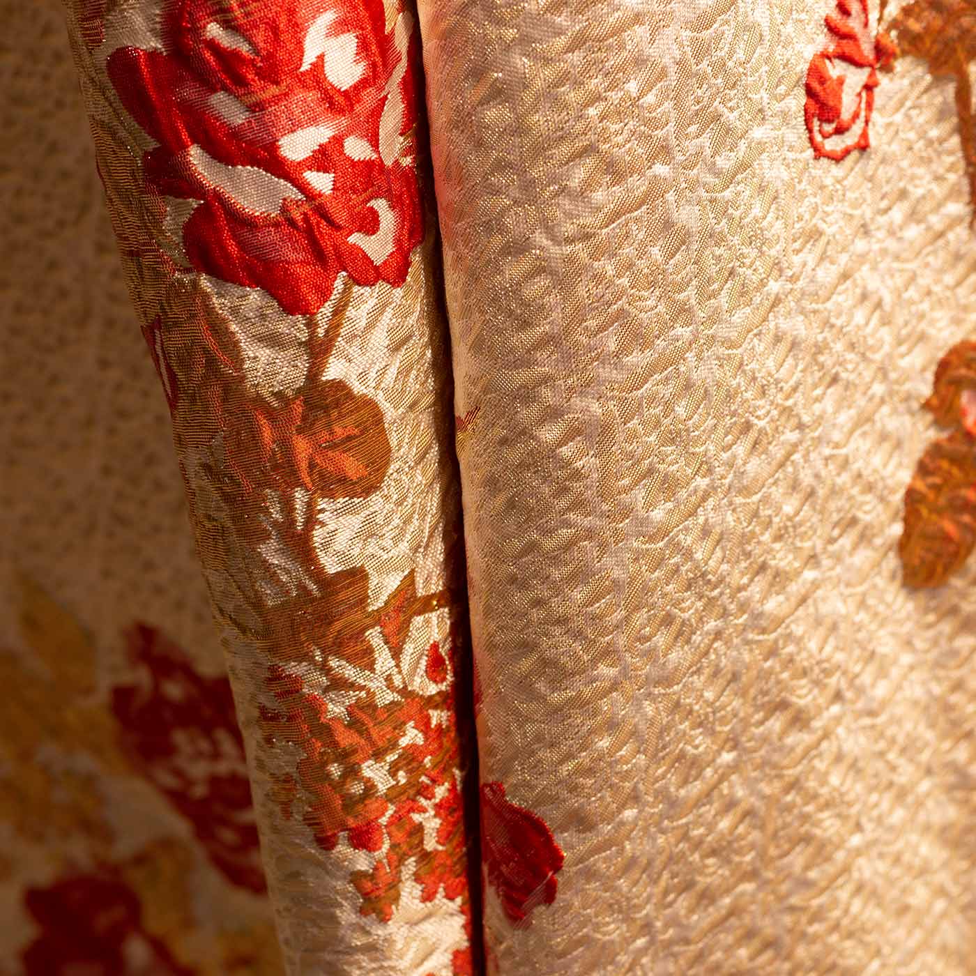 Red and Gold on Champaign Gold Floral Brocade Fabric