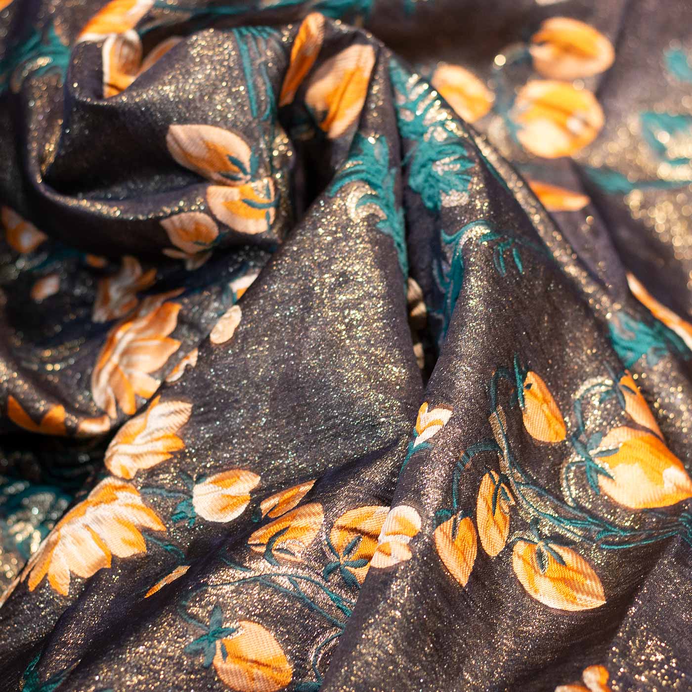 Orange and Green on Gold Floral Brocade Fabric