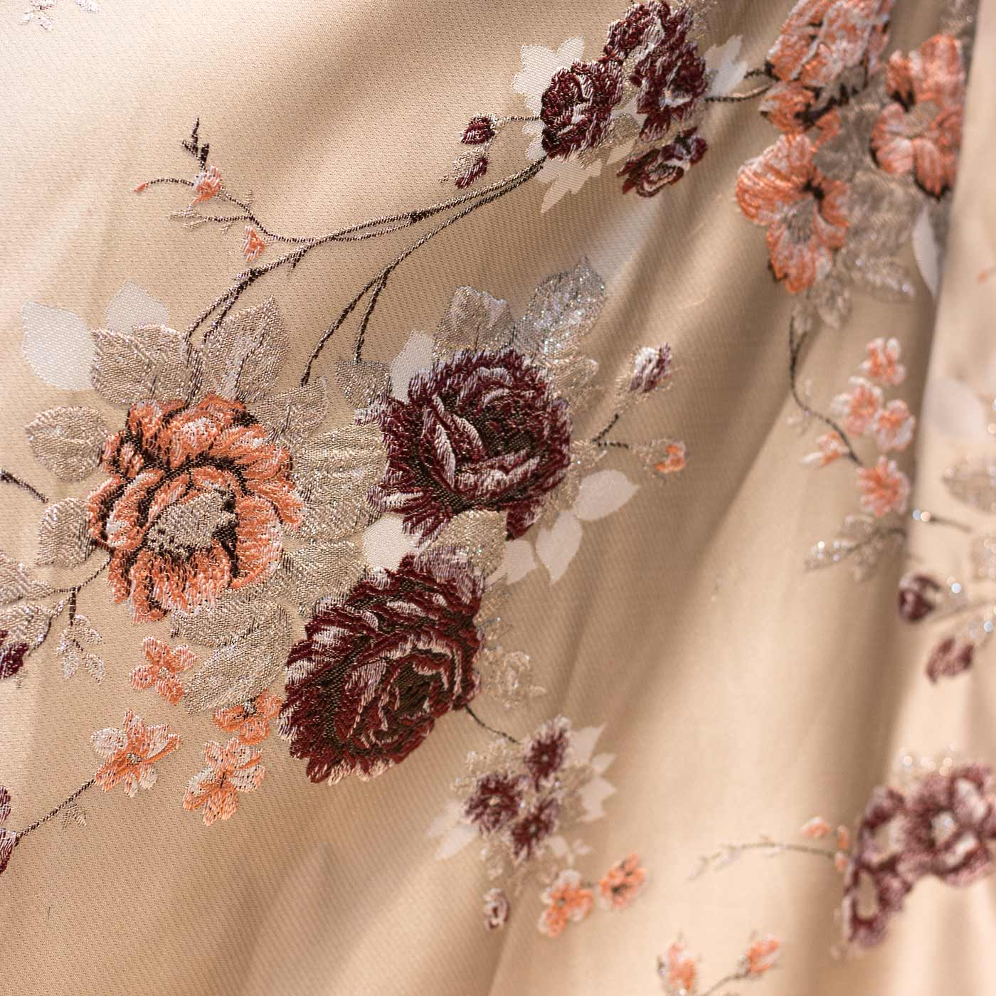 Wine and Peach on Gold Floral Brocade Fabric