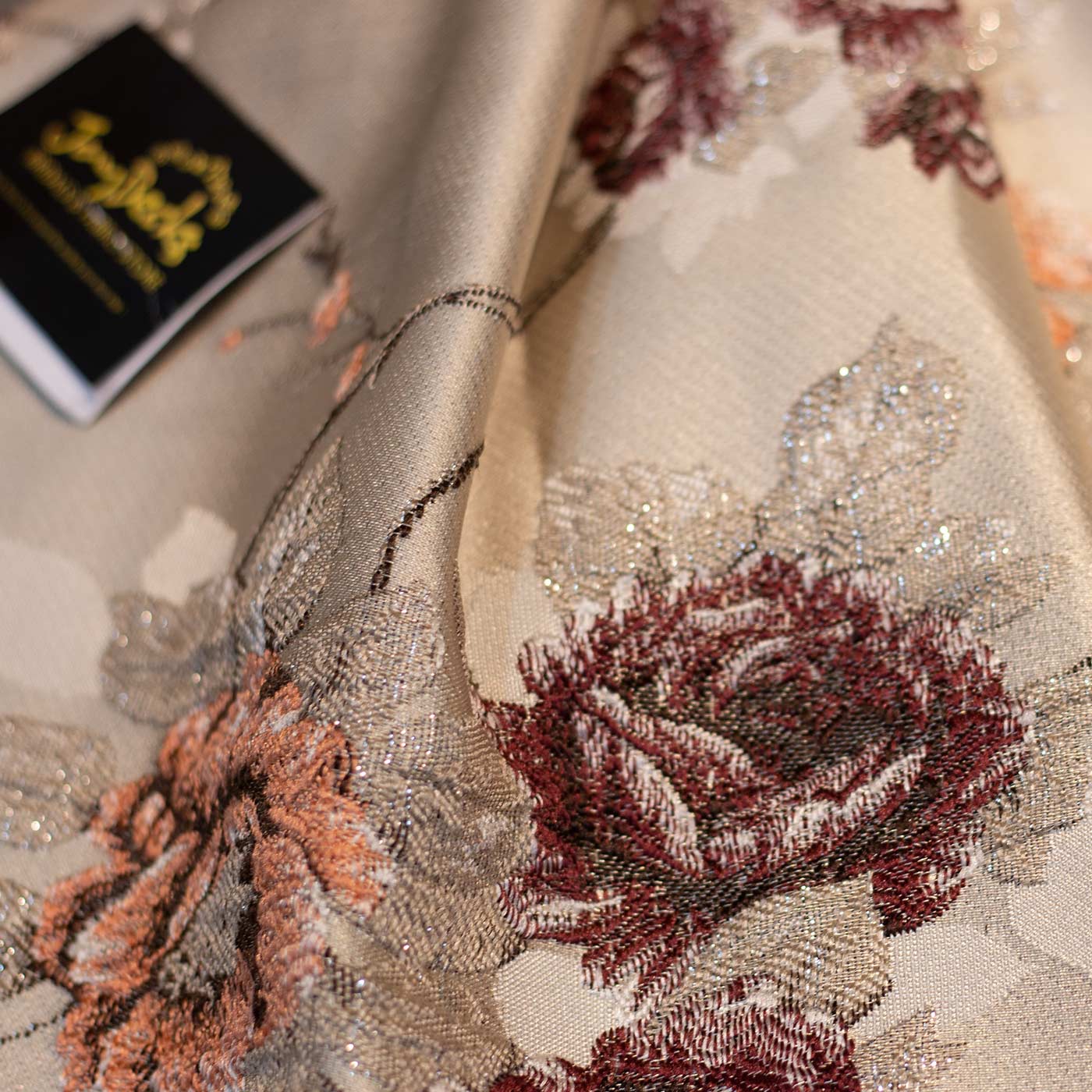 Wine and Peach on Gold Floral Brocade Fabric