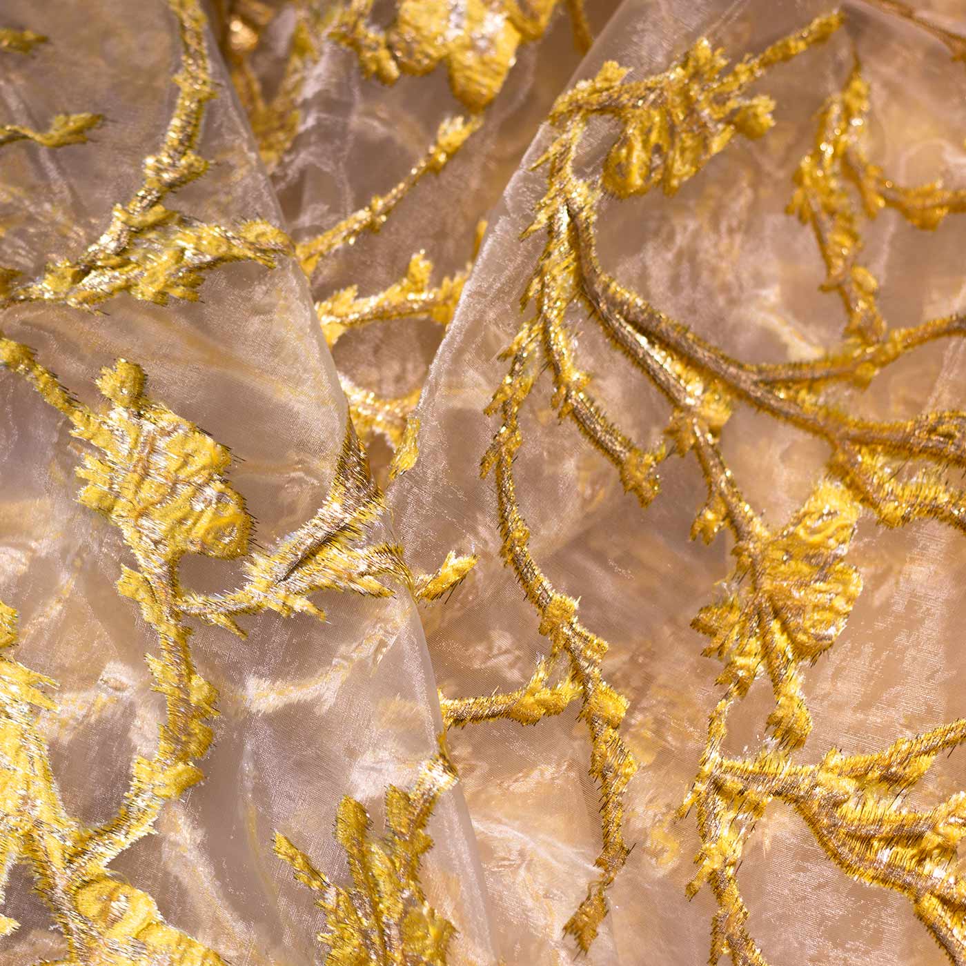 Yellow and Gold Floral Organza Brocade Fabric