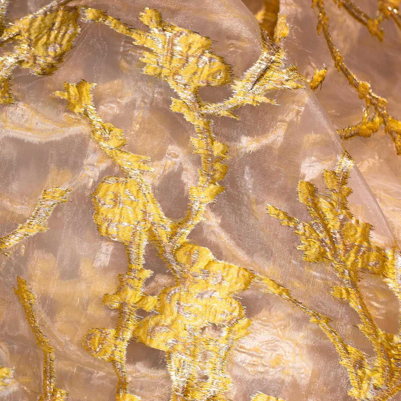 Yellow and Gold Floral Organza Brocade Fabric