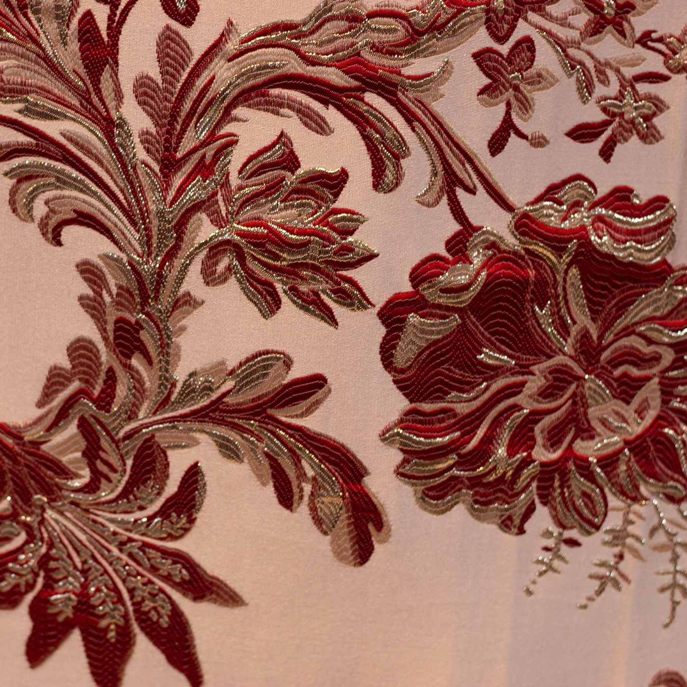 Red and Silver on Cream Floral Brocade Fabric