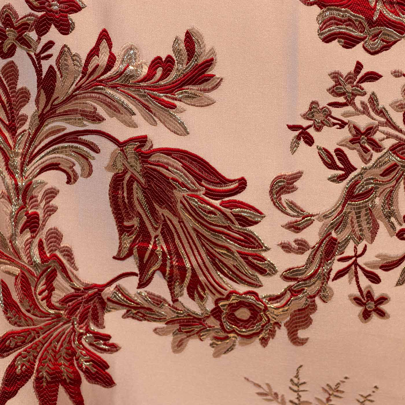 Red and Silver on Cream Floral Brocade Fabric