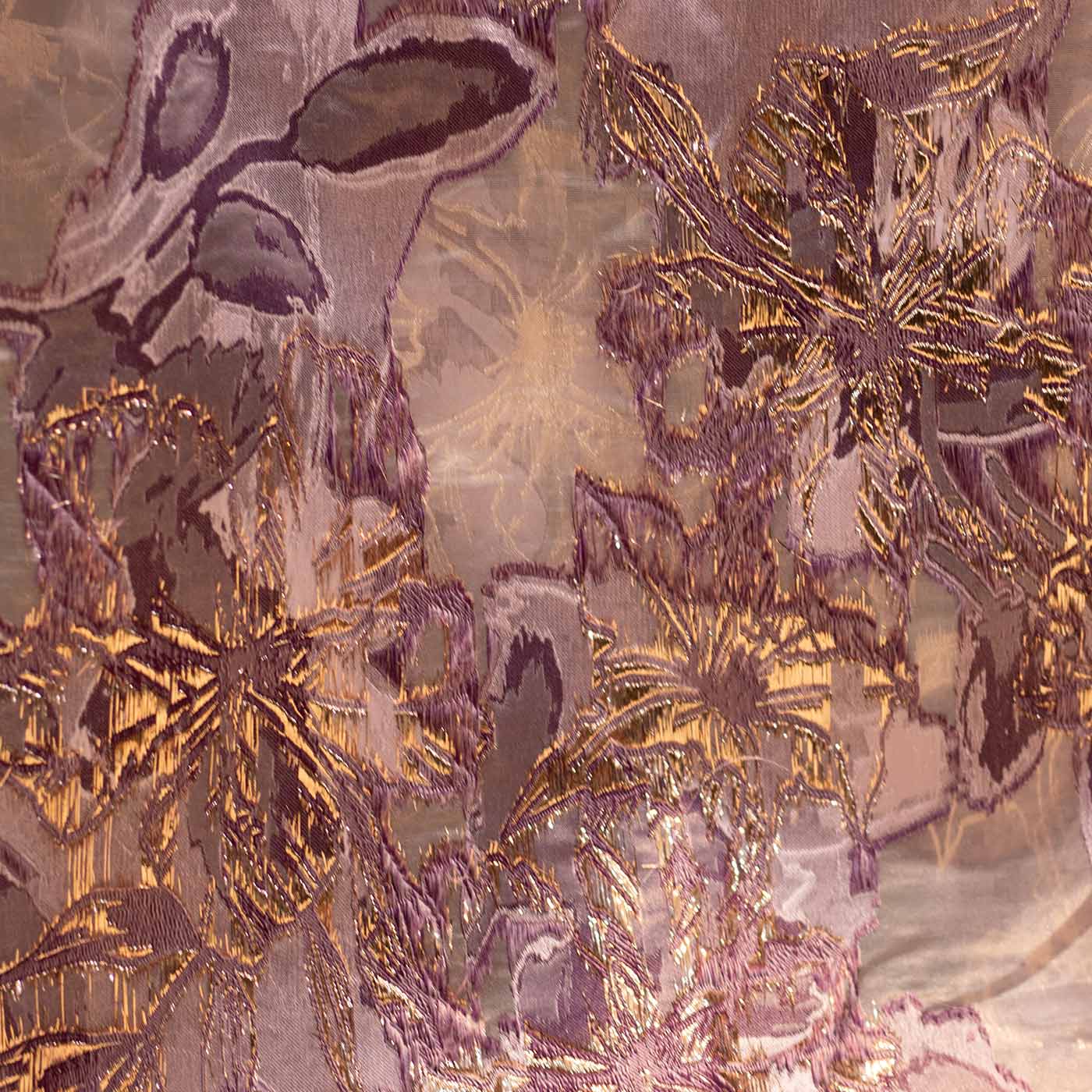 Purple and Gold on Lilac Floral Organza Brocade Fabric