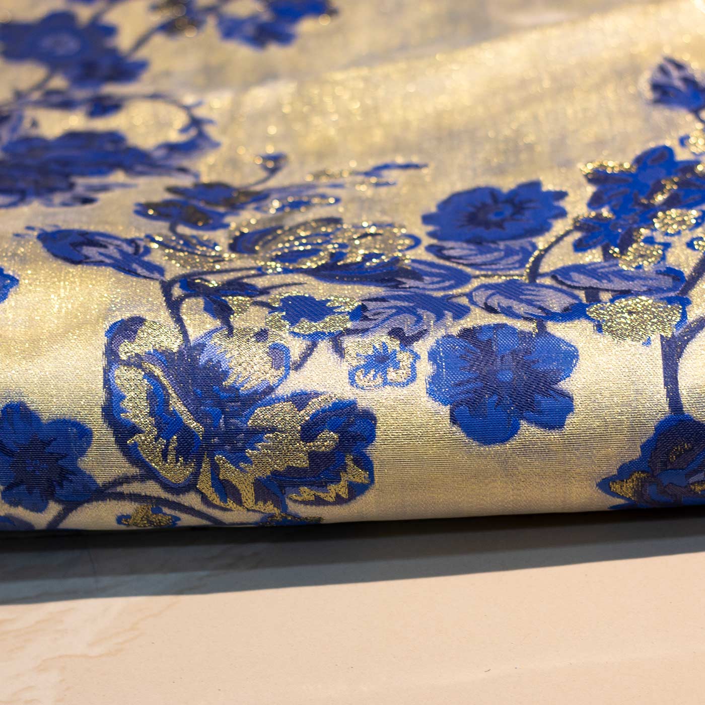 Blue and Gold Floral Brocade Fabric