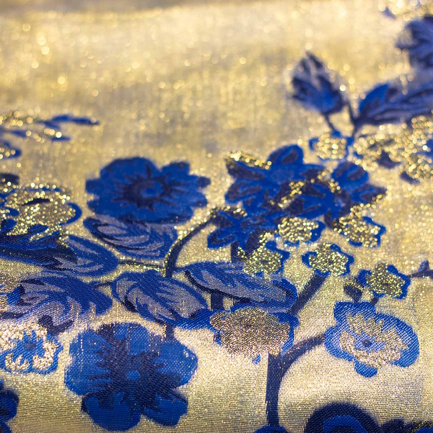 Blue and Gold Floral Brocade Fabric