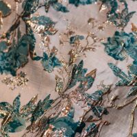 Teal and Cream Floral Brocade Fabric