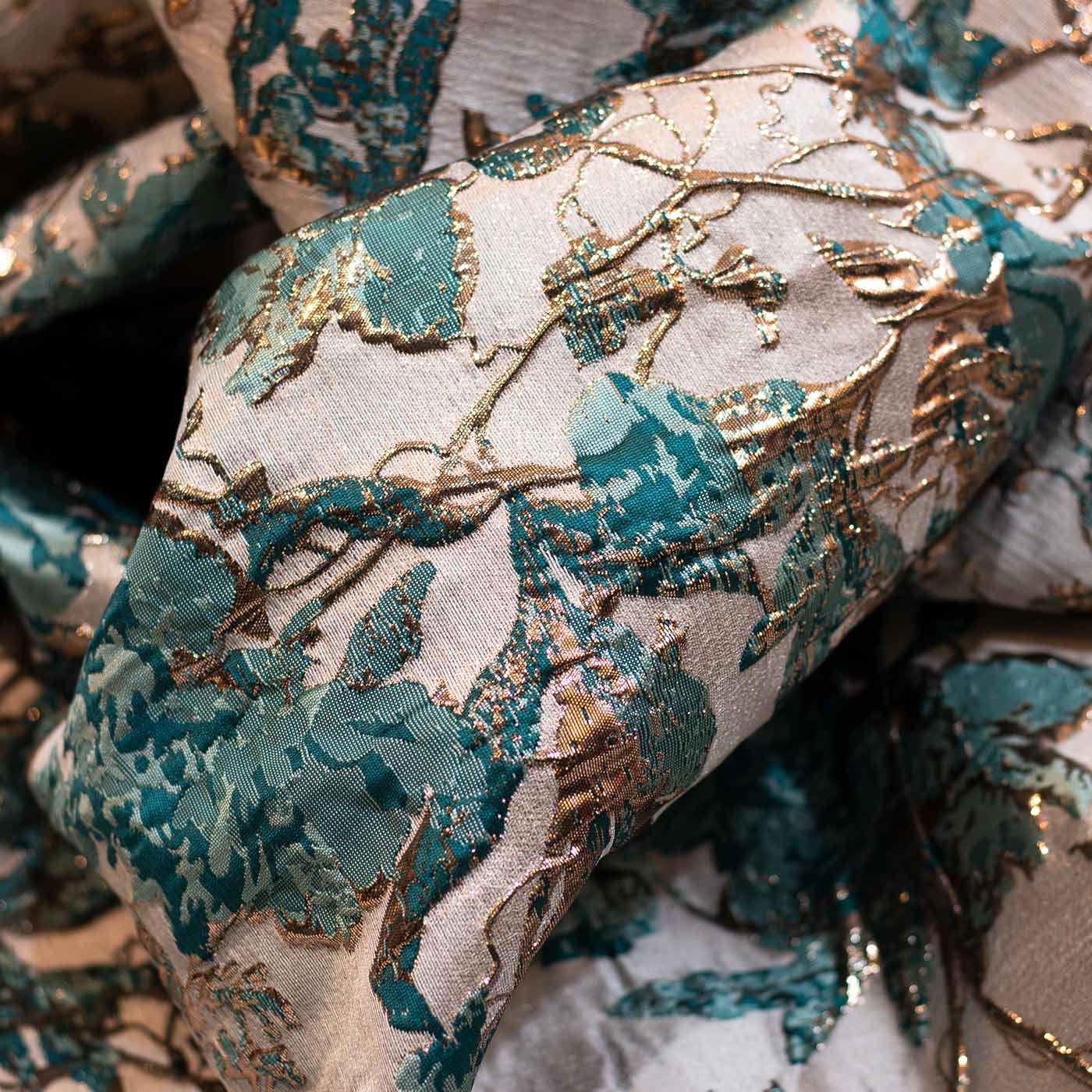 Teal and Cream Floral Brocade Fabric