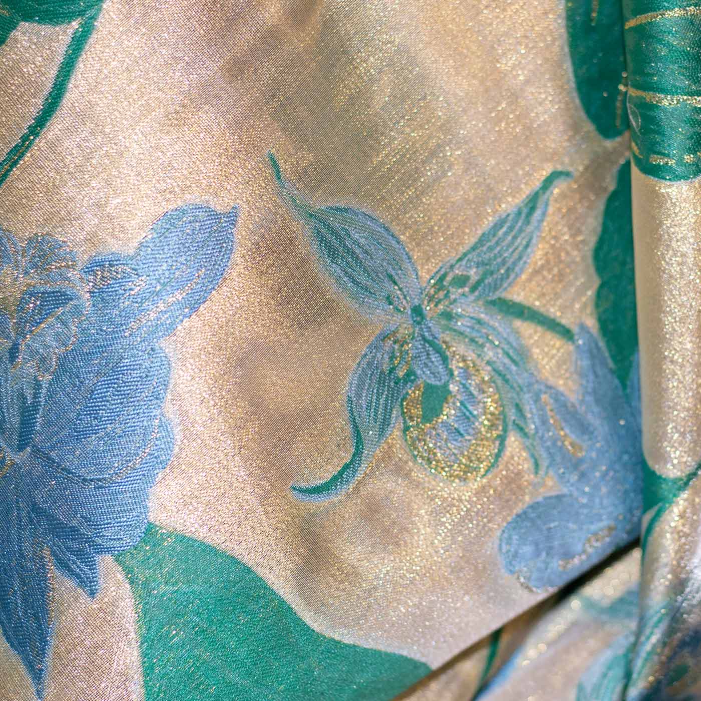 Green and Sky Blue on Gold Floral Brocade Fabric