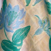 Green and Sky Blue on Gold Floral Brocade Fabric
