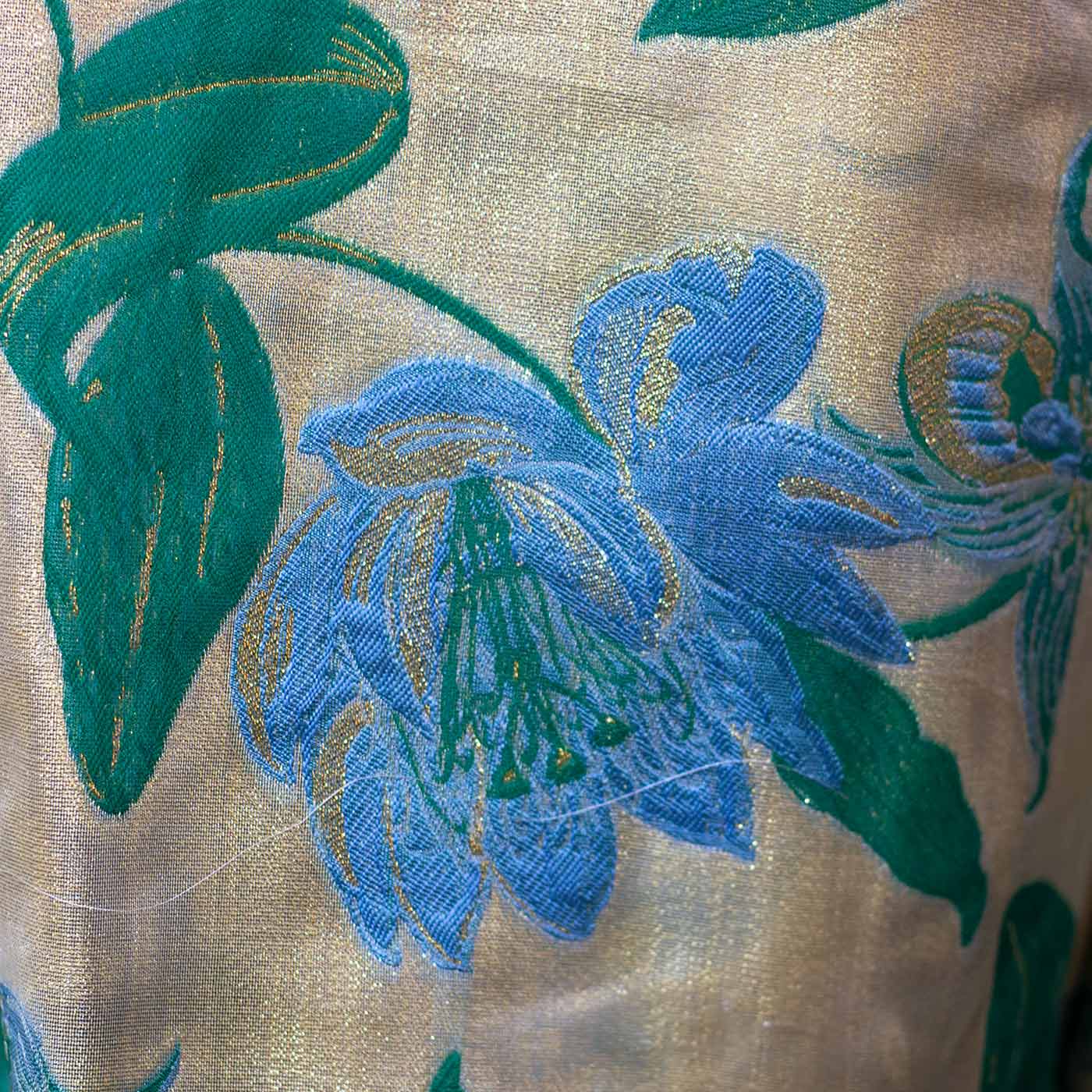 Green and Sky Blue on Gold Floral Brocade Fabric