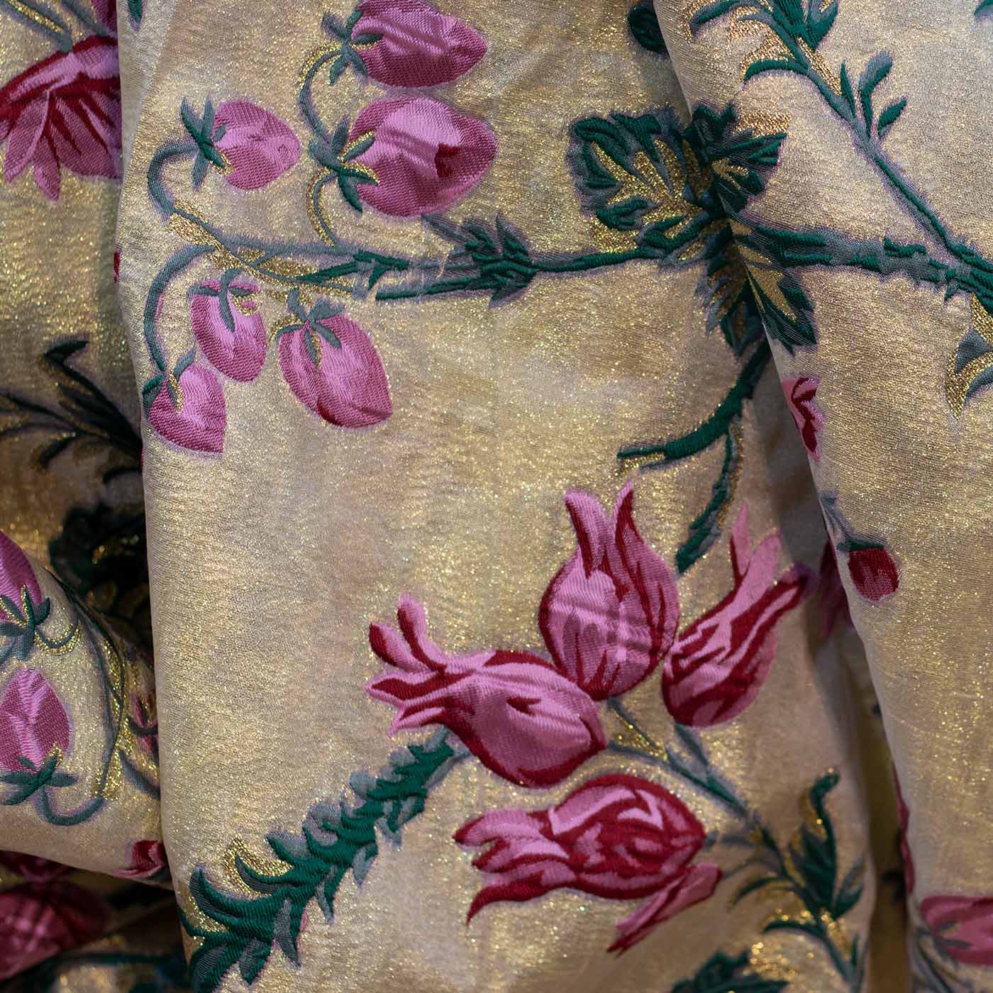 Pink and Green on Gold Floral Brocade Fabric