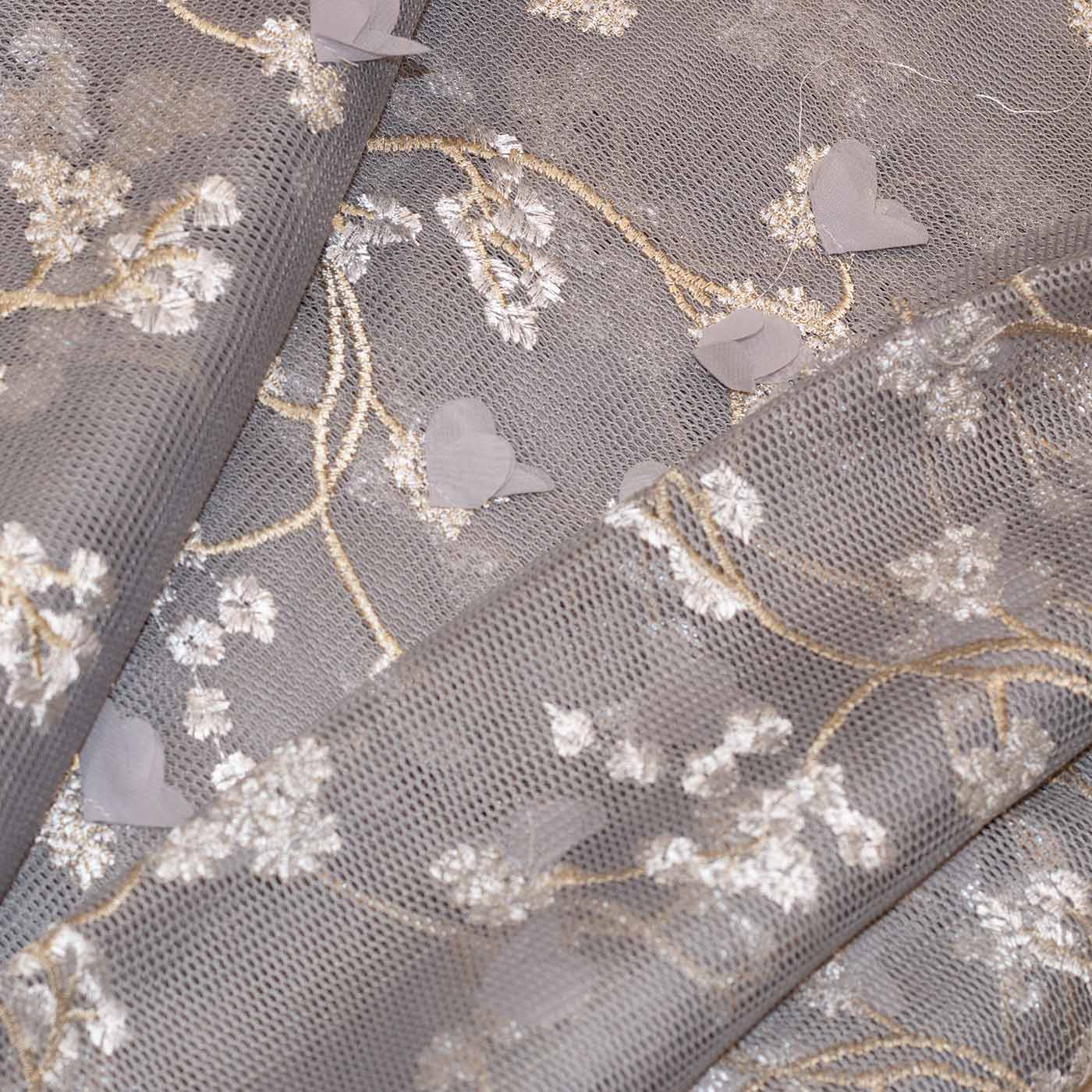 Grey 3D Floral Scuba Netting Fabric