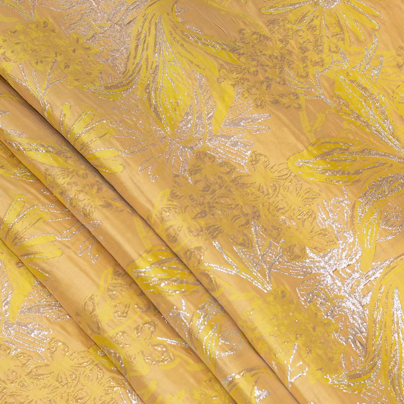 Yellow and Silver Floral Brocade Fabric