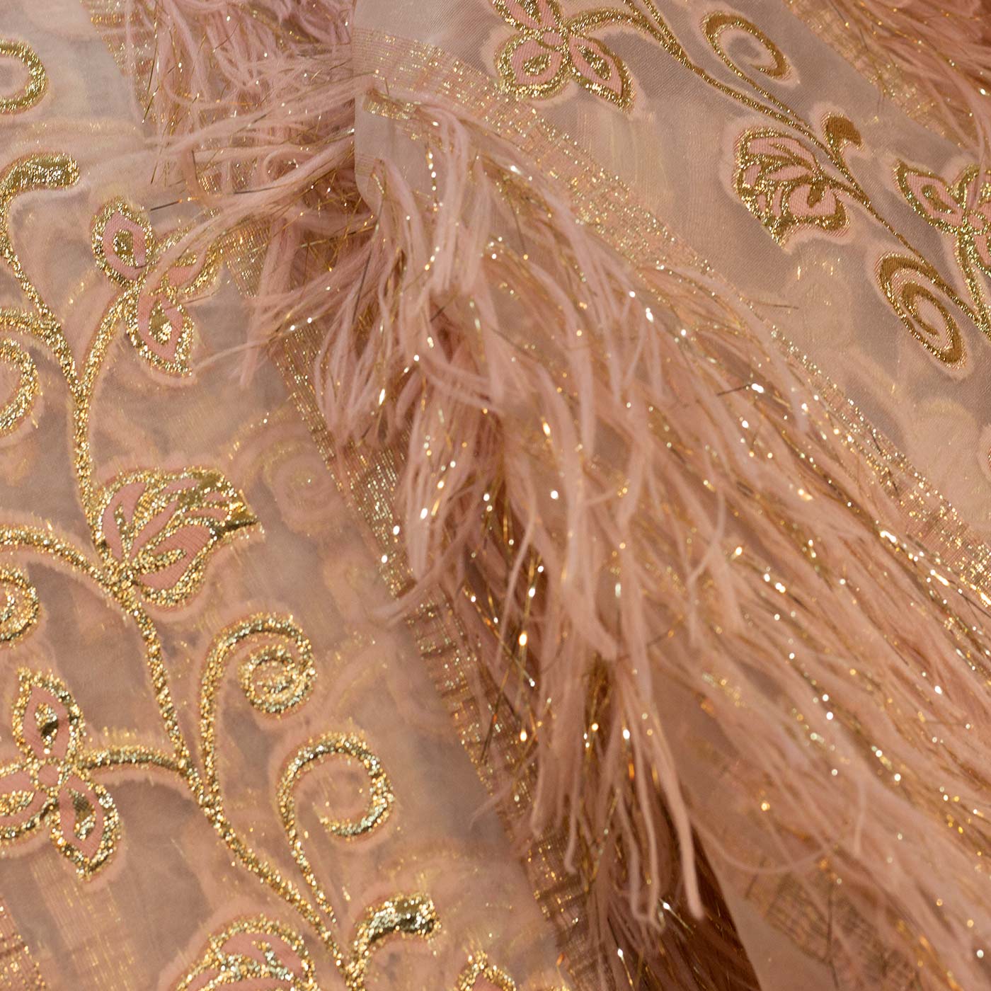Peach and Gold Fringe Floral Organza Brocade Fabric