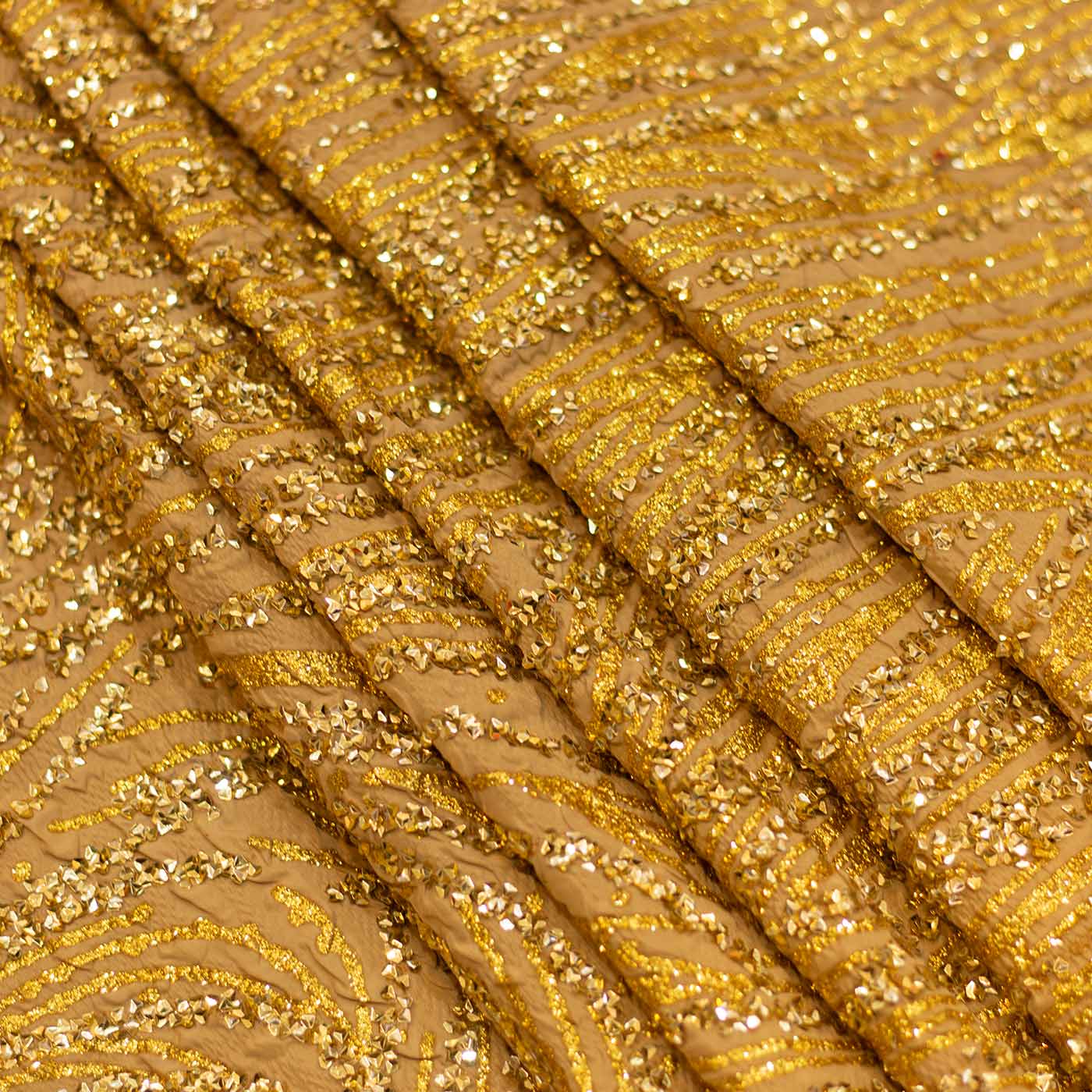 Gold Shimmer Embroidered Brocade Fabric with Stones