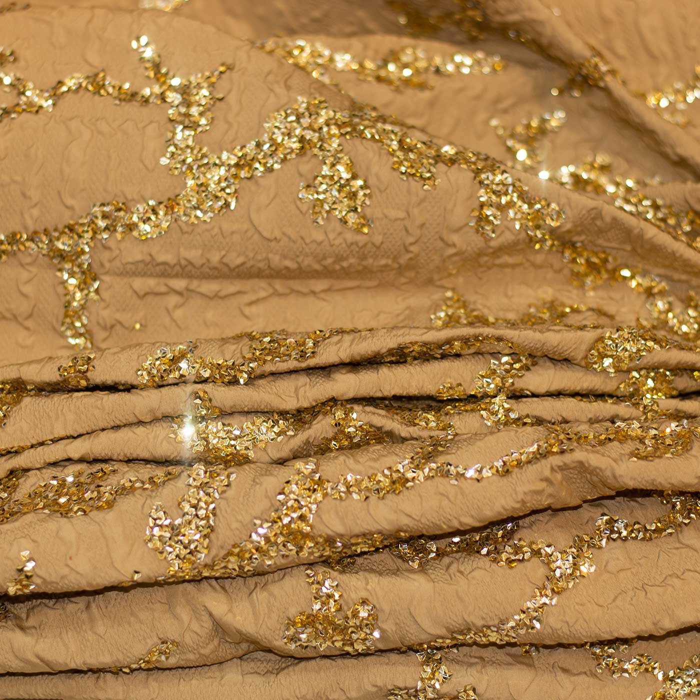 Gold Shimmer Embroidered Brocade Fabric with Crystal Stones