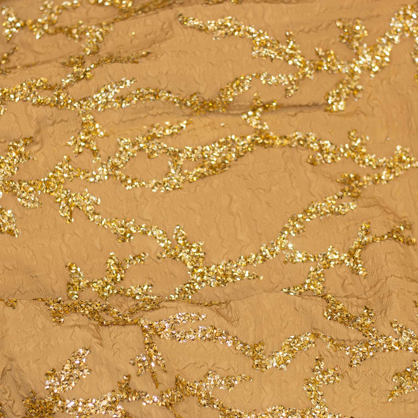 Gold Shimmer Embroidered Brocade Fabric with Crystal Stones