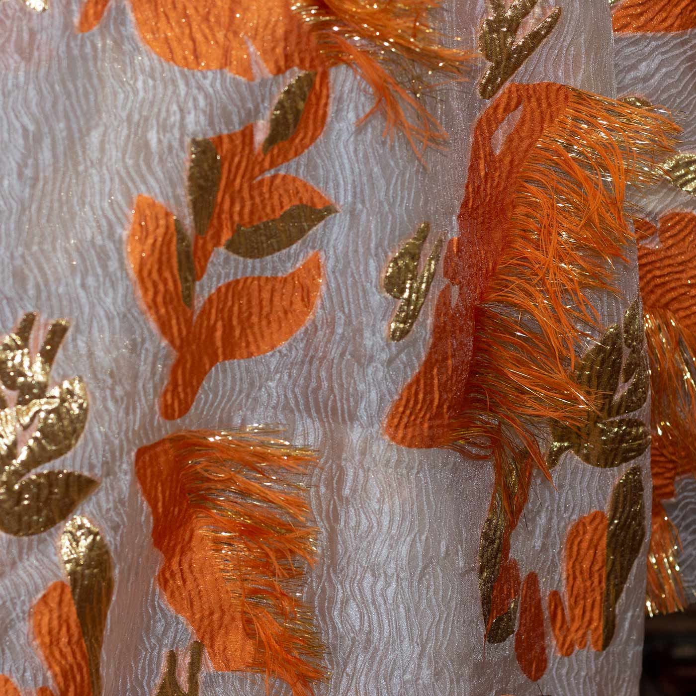 Orange and Gold on Ivory Floral Brocade Fabric