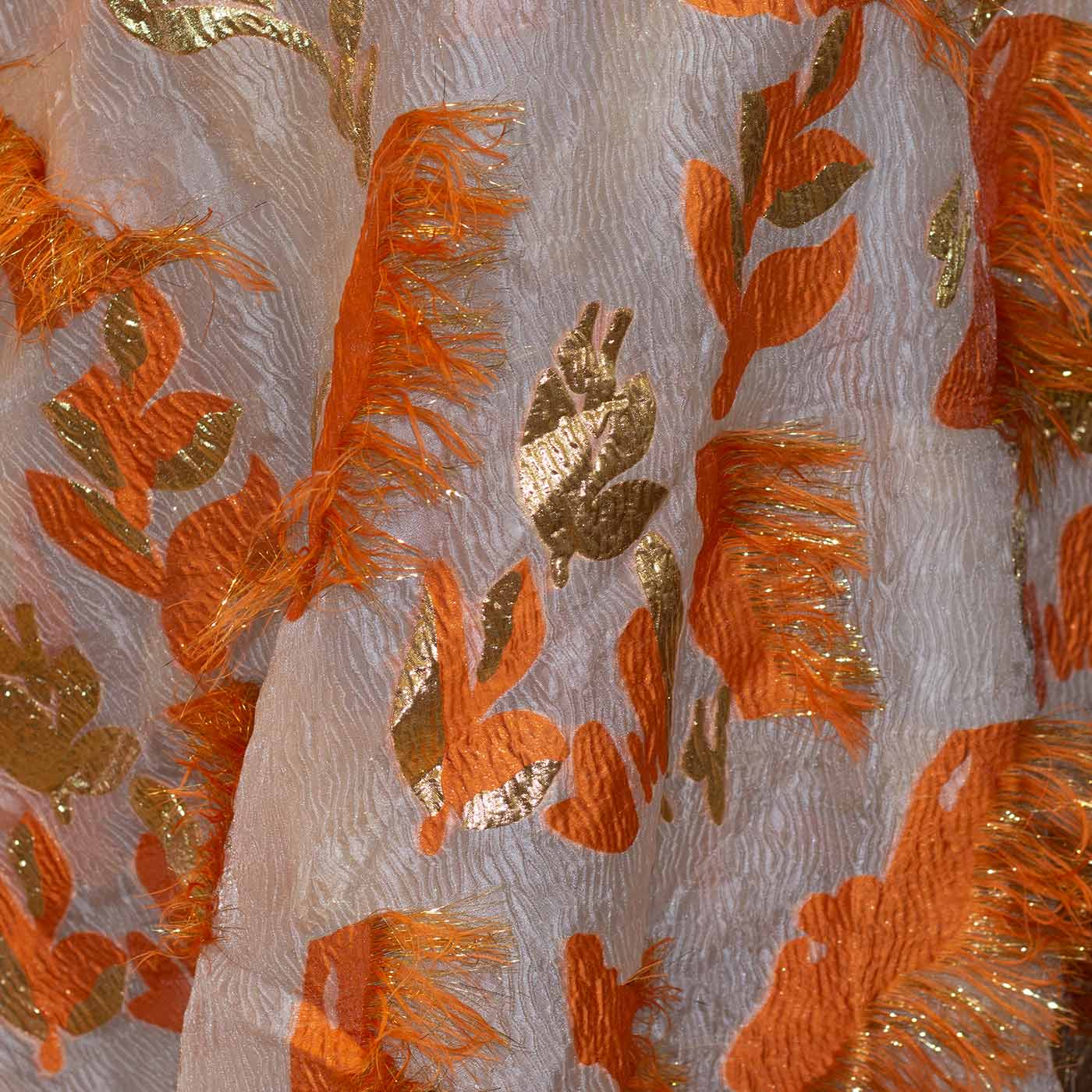 Orange and Gold on Ivory Floral Brocade Fabric
