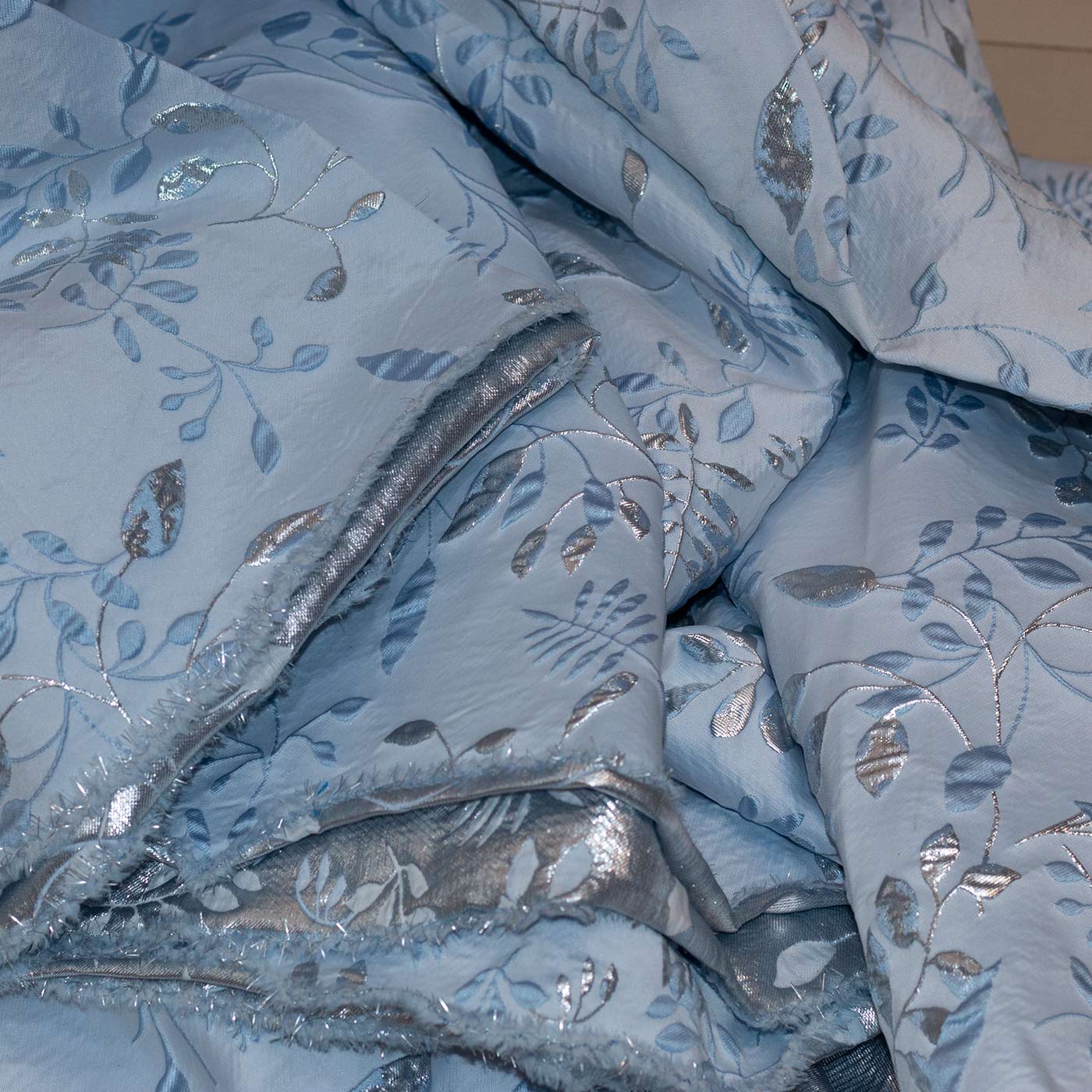 Silver and Powder Blue on Sky Blue Floral Brocade Fabric