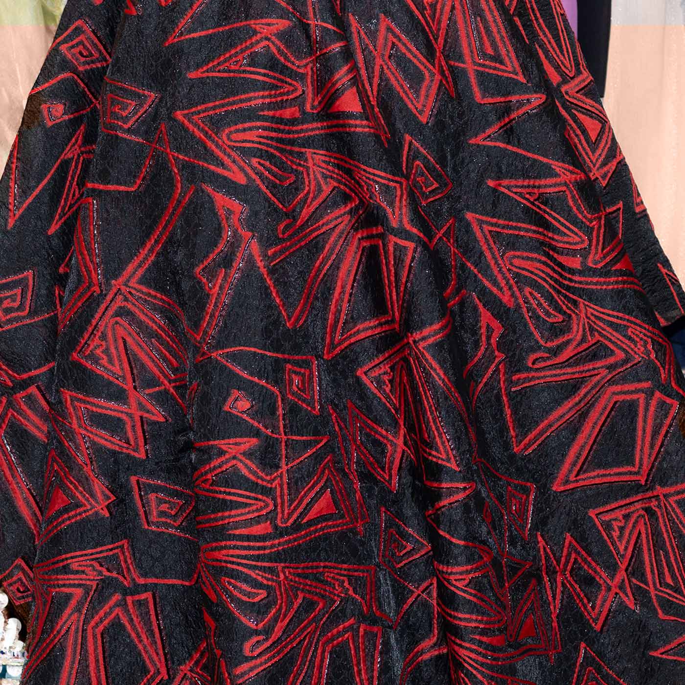 Black and Red Abstract Design Organza Brocade Fabric