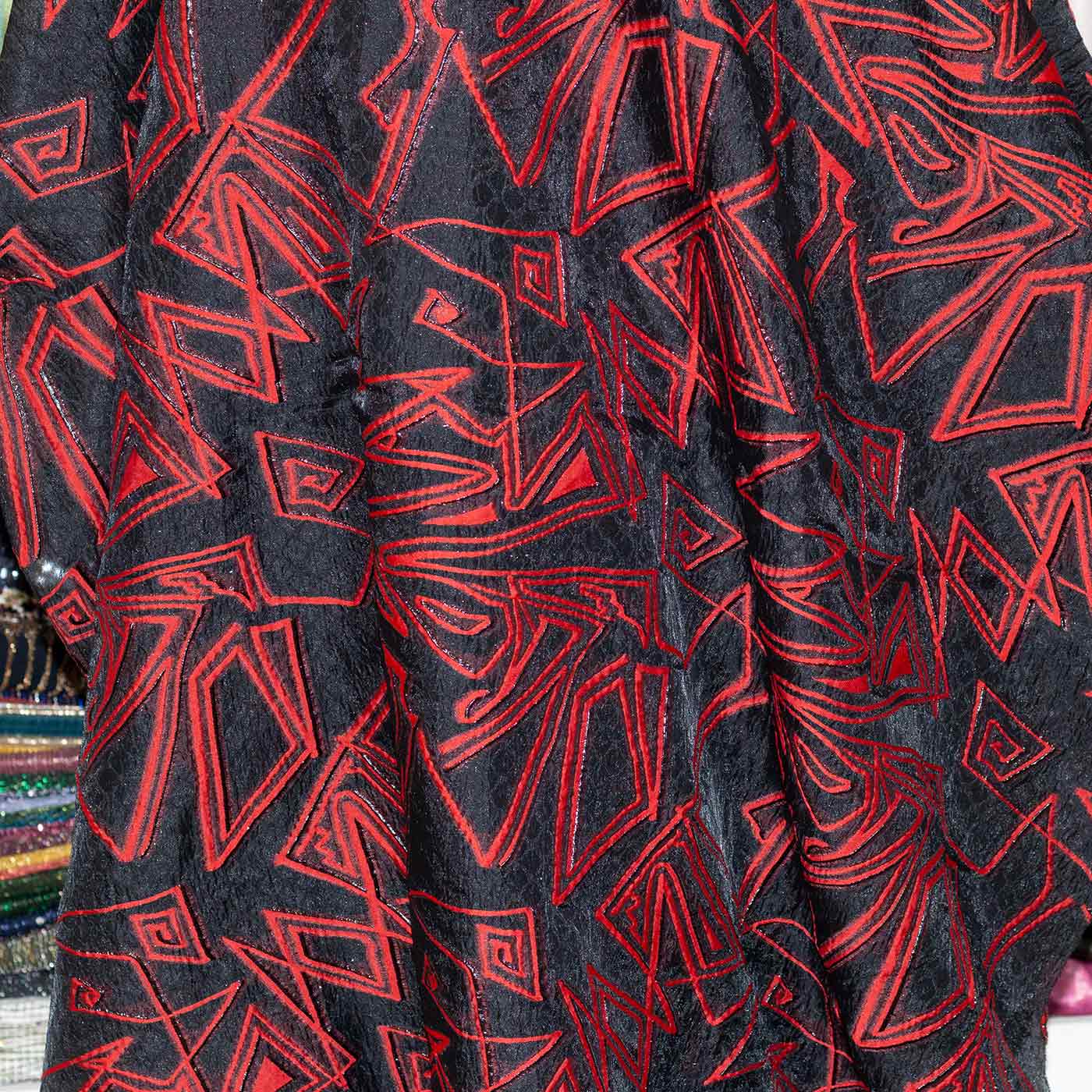 Black and Red Abstract Design Organza Brocade Fabric