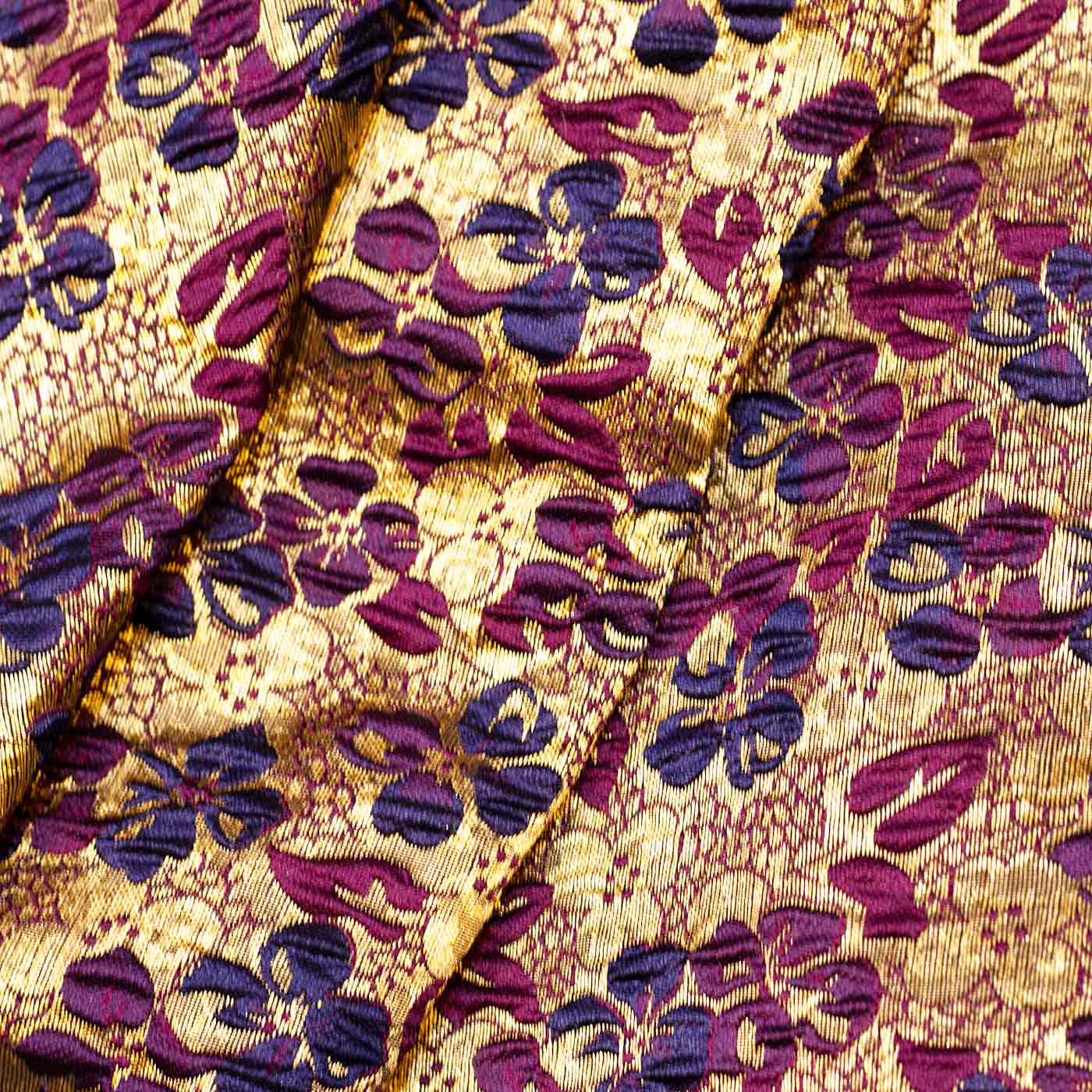 Purple and Navy Blue on Gold Floral Brocade Fabric