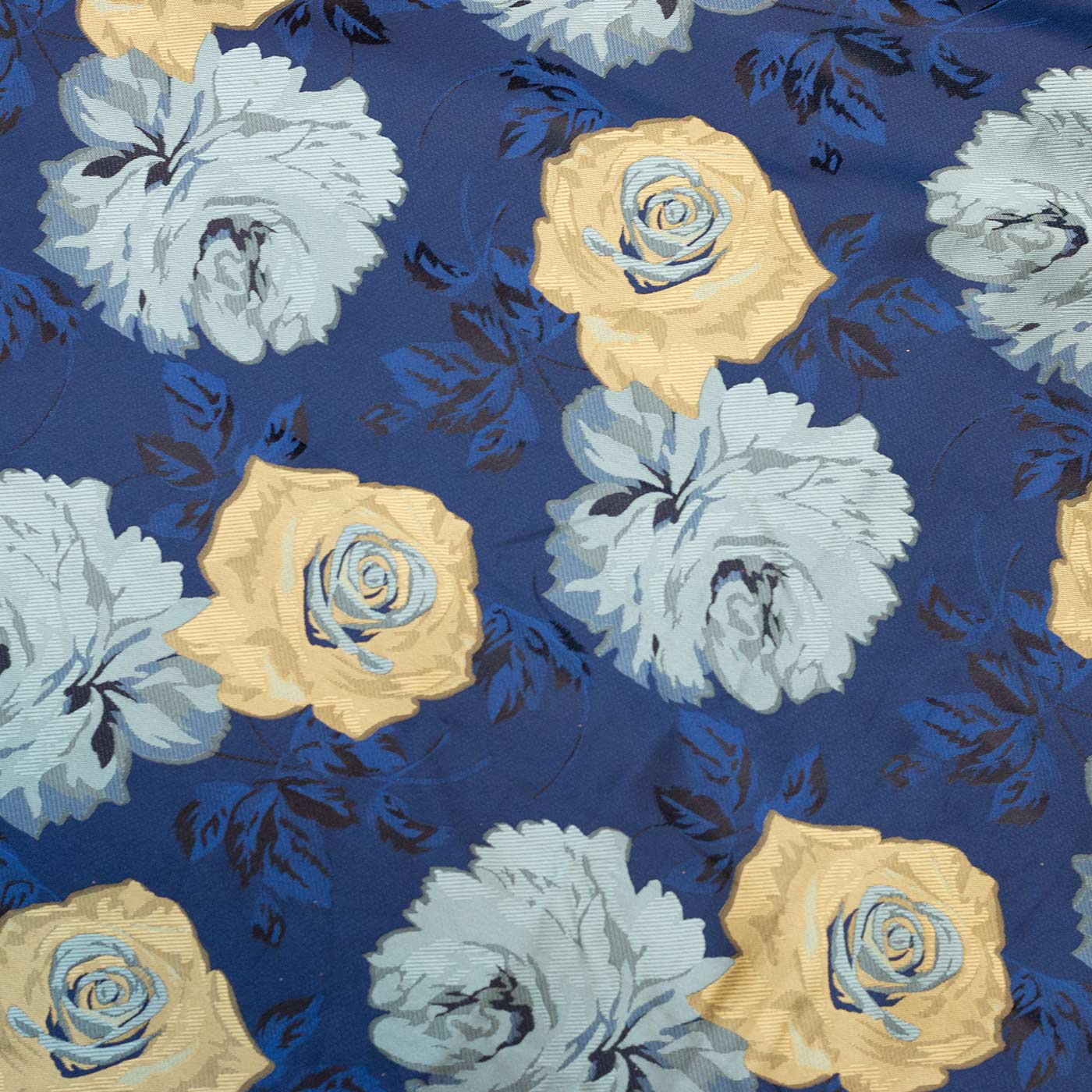 Navy Blue, Sky Blue, Gold and Black Floral Brocade Fabric