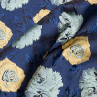 Navy Blue, Sky Blue, Gold and Black Floral Brocade Fabric