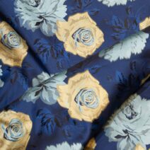 Navy Blue, Sky Blue, Gold and Black Floral Brocade Fabric