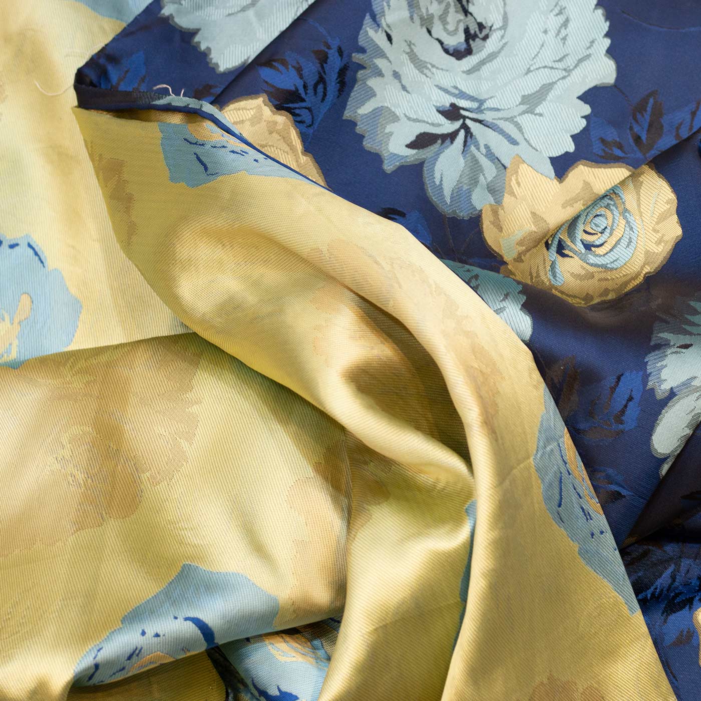 Navy Blue, Sky Blue, Gold and Black Floral Brocade Fabric