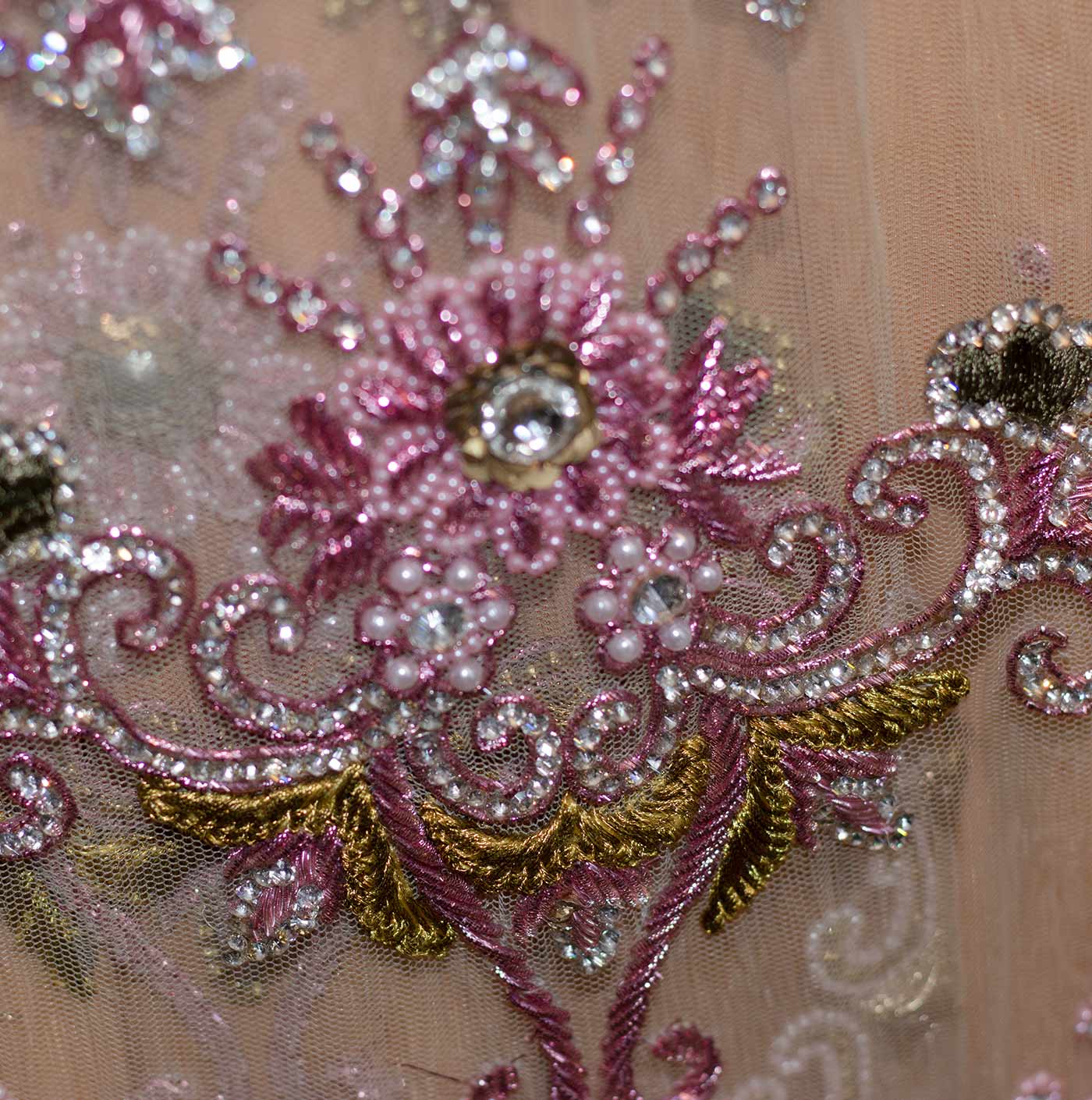 PINK and GREEN HANDBEADED RHINSTONE CRYSTAL APPLIQUE FOR DRESS PANEL