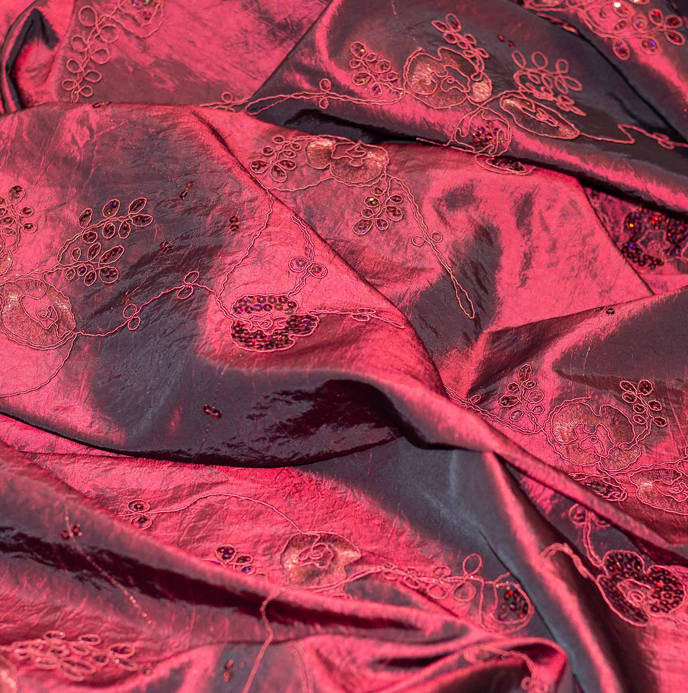 Maroon Abstract Floral Embroidered Taffeta Fabric