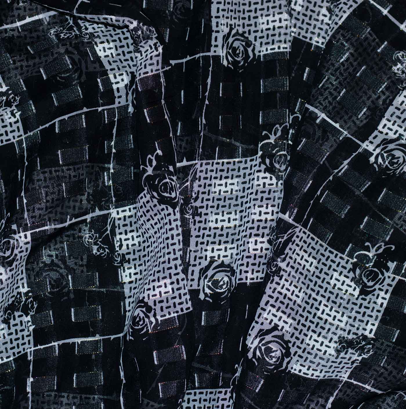 Black and White Square Design Printed Chiffon Fabric