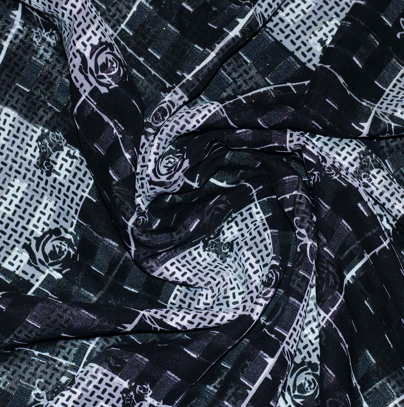 Black and White Square Design Printed Chiffon Fabric