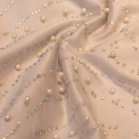White Pearls and Crystal Embroidered Mesh Fabric